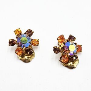 Vintage Topaz Amber Crystal Austrian Signed Austria Flower Stud Clip-On Earrings